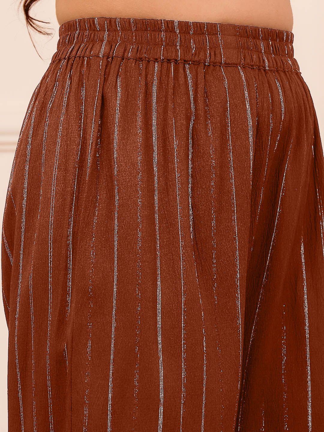 Brown Striped V-Neck A-Line Kurta With Trousers
