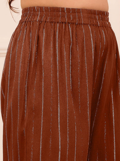 Brown Striped V-Neck A-Line Kurta With Trousers