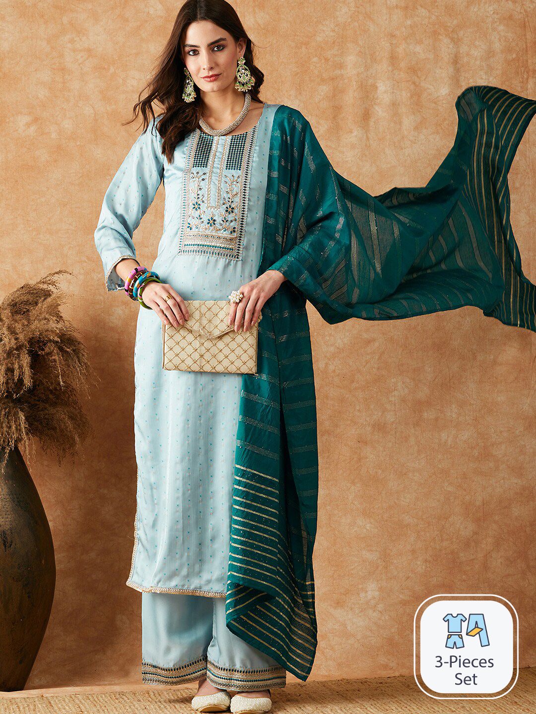 Dhiyona SN Embroidered Straight Kurta With Palazzo & Dupatta