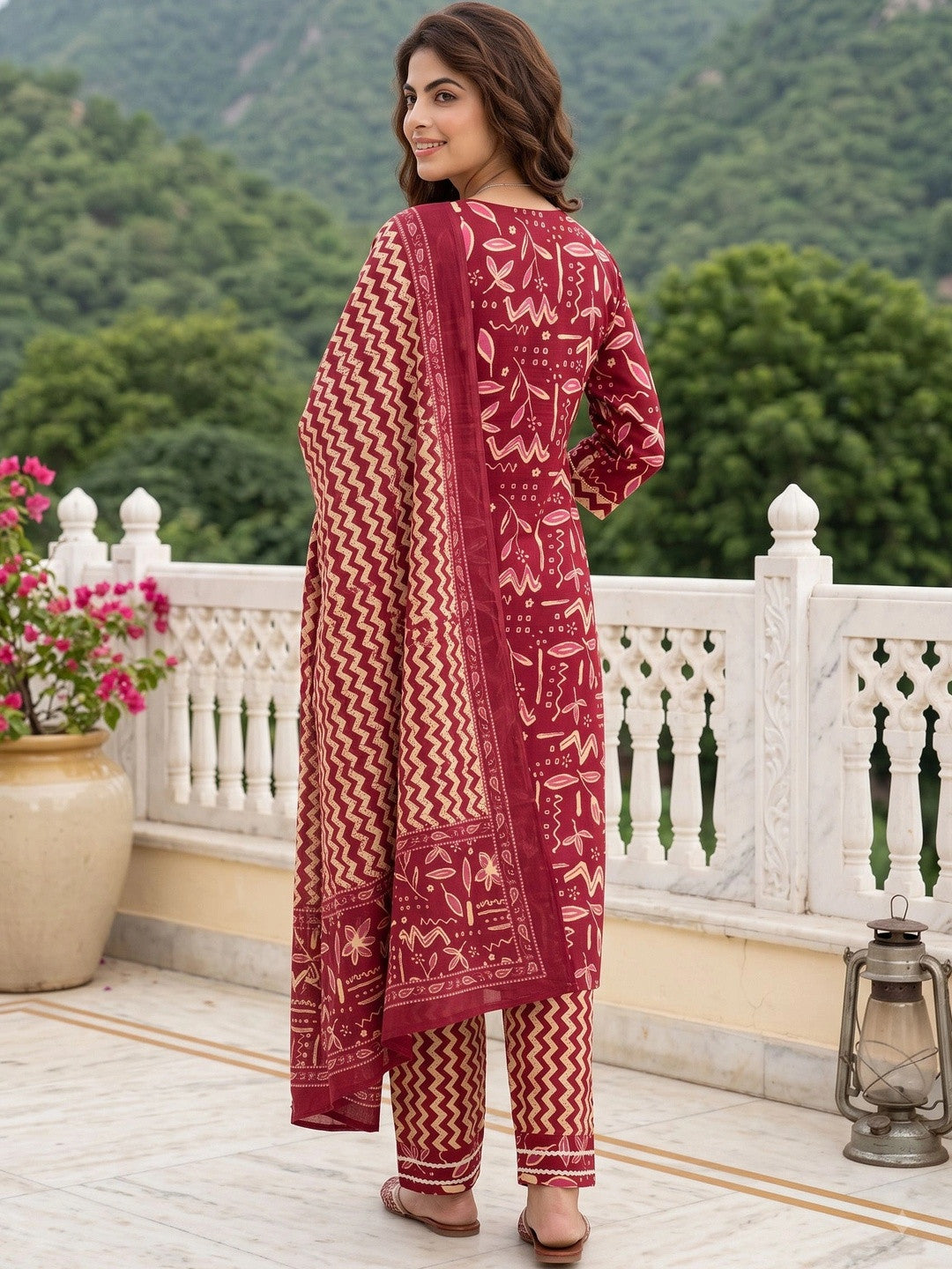 Women Ethnic Motifs Printed Regular Pure Cotton Kurta with Trousers & With Dupatta