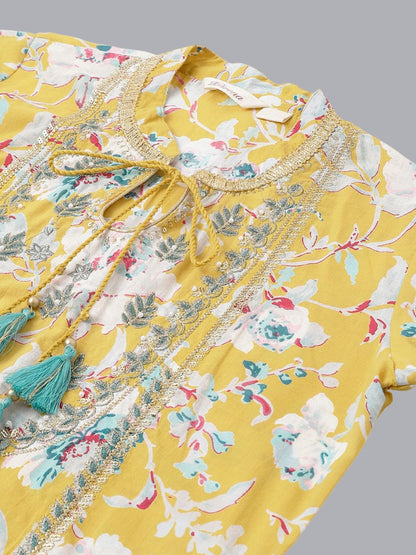 Dhiyona KL Floral Printed Layered Tie Up Neck Pure Cotton Kurta With Trousers & Dupatta
