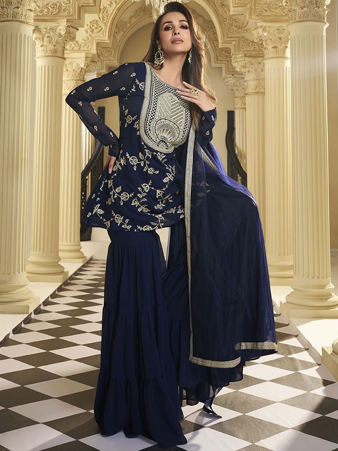 Dhiyona IN Women Floral Thread Embroidered A-Line Kurta with Sharara & with Dupatta