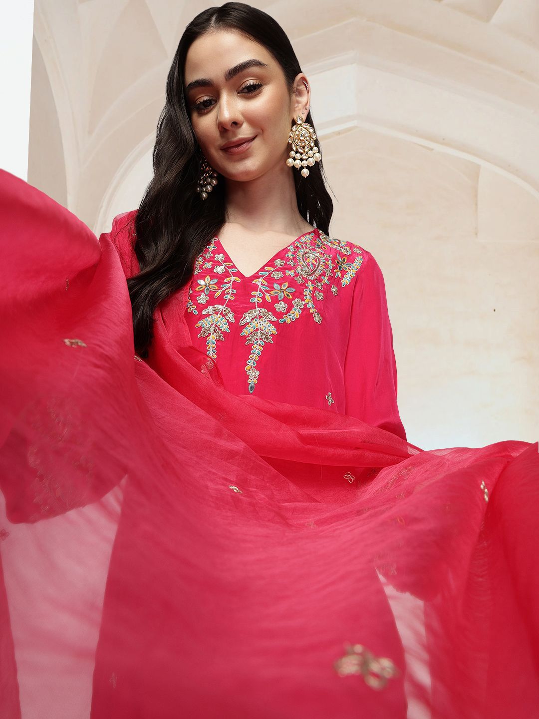 Dhiyona IS Women's Women Ethnic Motifs Embroidered Regular Thread Work Kurta with Trousers & With Dupatta