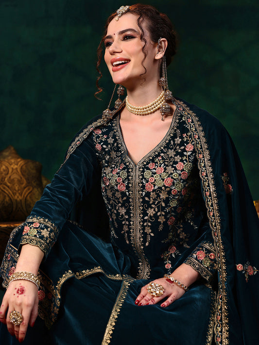 Floral Embroidered Panelled Velvet Kurta With Skirt & Dupatta