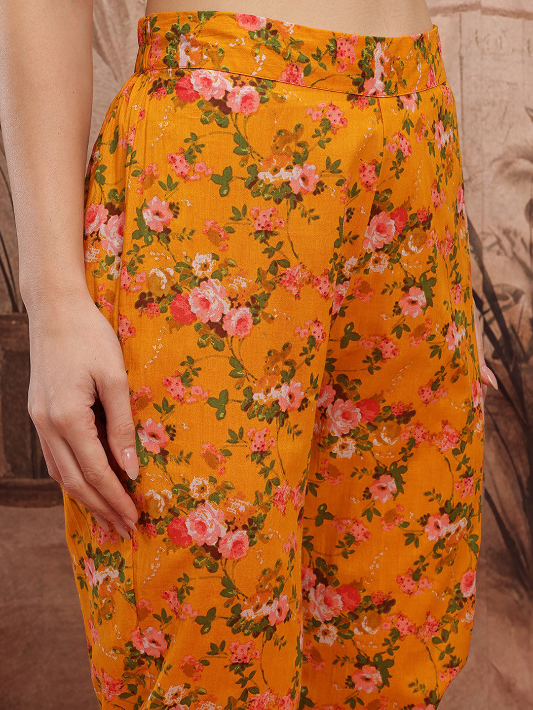 Floral Printed Empire Schiffli Cotton Kurta with Trousers