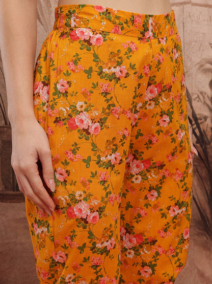 Floral Printed Empire Schiffli Cotton Kurta with Trousers