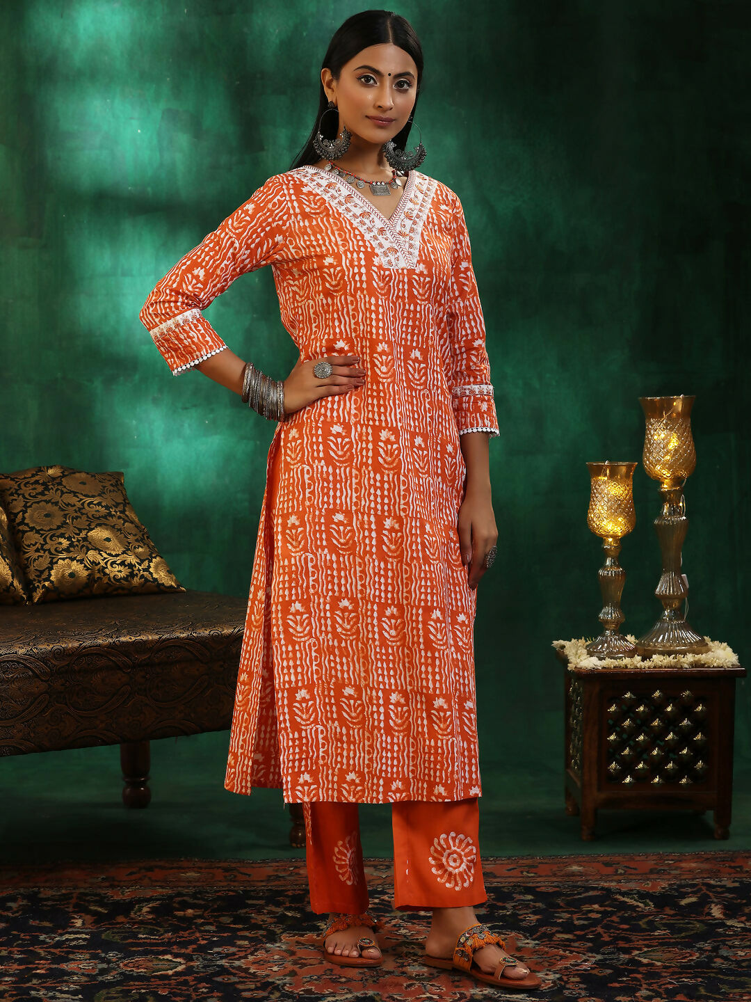 Women's LB Orange Printed Cotton Straight Suit With Dupatta