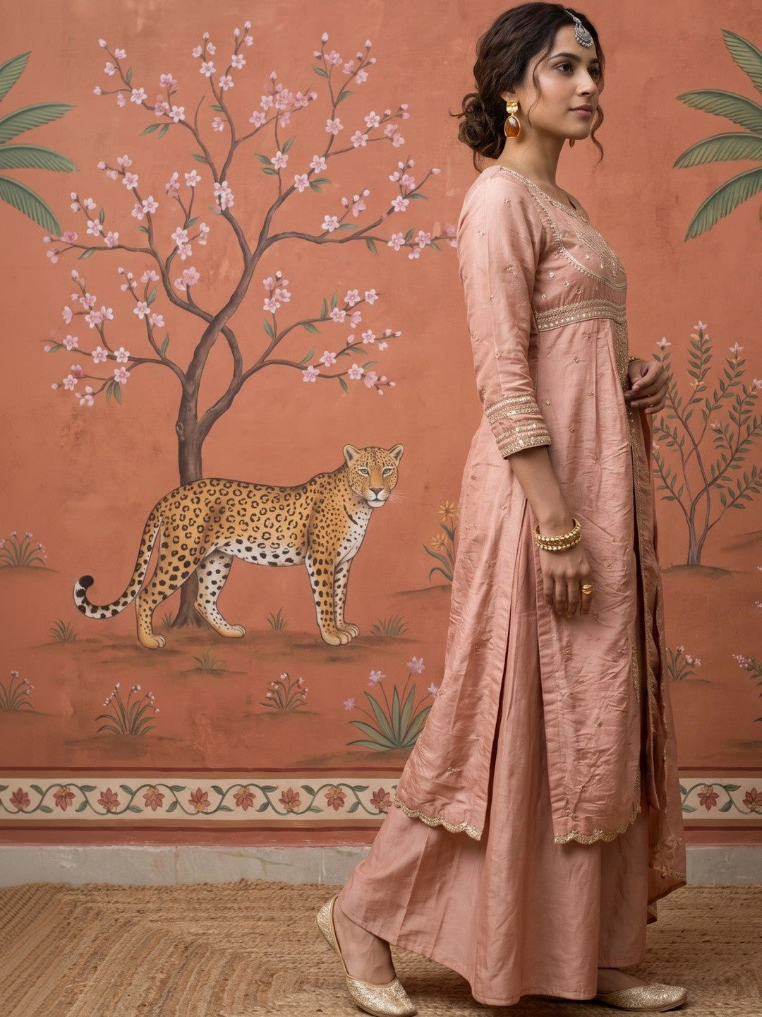 Women Ethnic Motifs Embroidered Empire Sequinned Kurta with Palazzos & With Dupatta