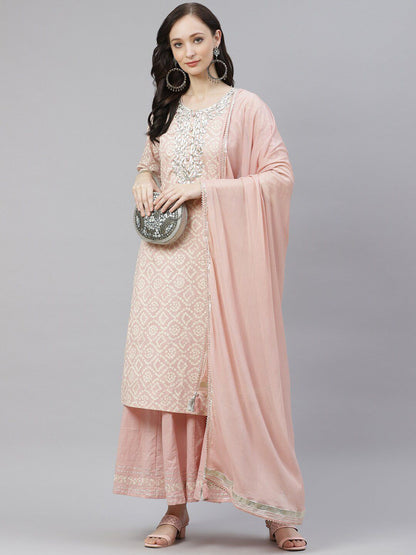 Dhiyona KL Bandhani Printed Straight Gotta Patti Pure Cotton Kurta With Palazzos & Dupatta