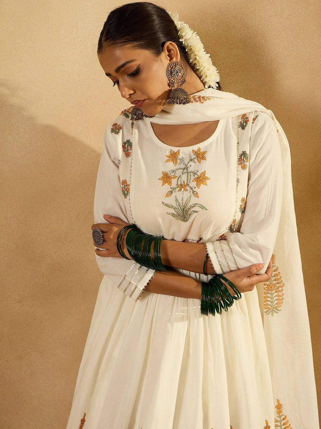Dhiyona IE Floral Printed Empire Pure Cotton A-Line Kurta With Trousers & Dupatta