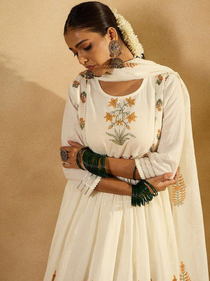Dhiyona IE Floral Printed Empire Pure Cotton A-Line Kurta With Trousers & Dupatta