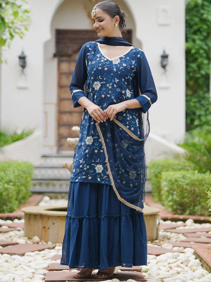Dhiyona IE Women Floral Embroidered Regular Sequinned Kurta with Sharara With Dupatta