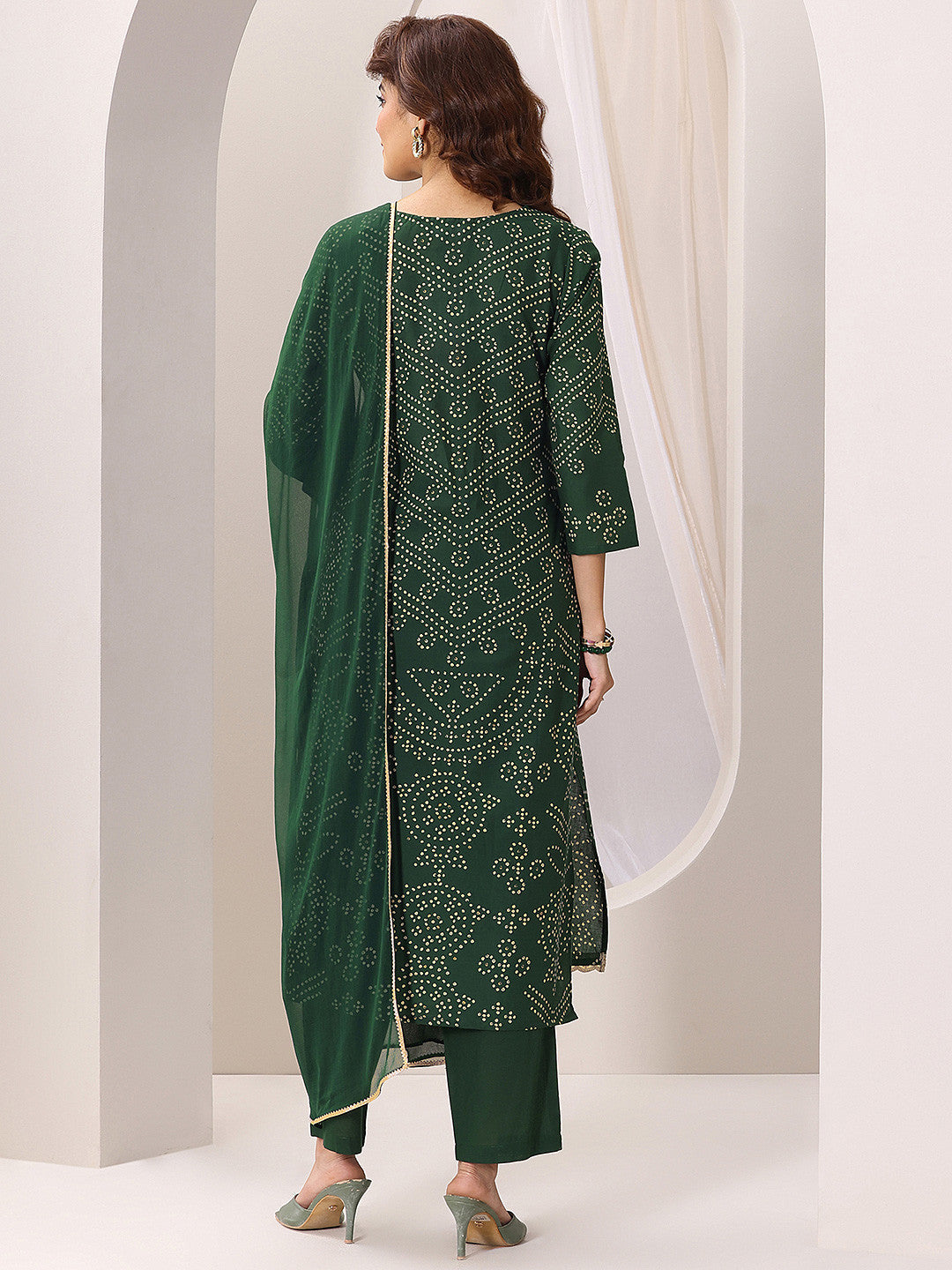 Bandhani Printed Thread Work Straight Kurta With Trousers & Dupatta