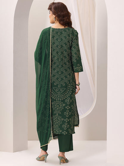 Bandhani Printed Thread Work Straight Kurta With Trousers & Dupatta