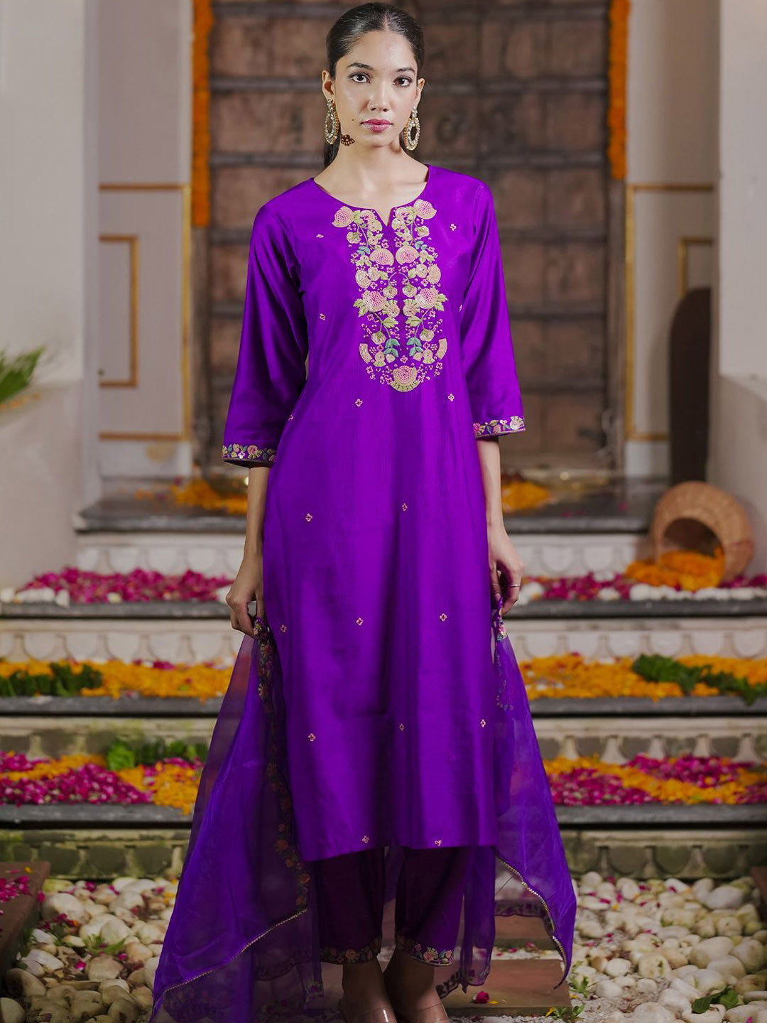 Floral Embroidered Sequinned Liva Kurta With Trousers & Dupatta
