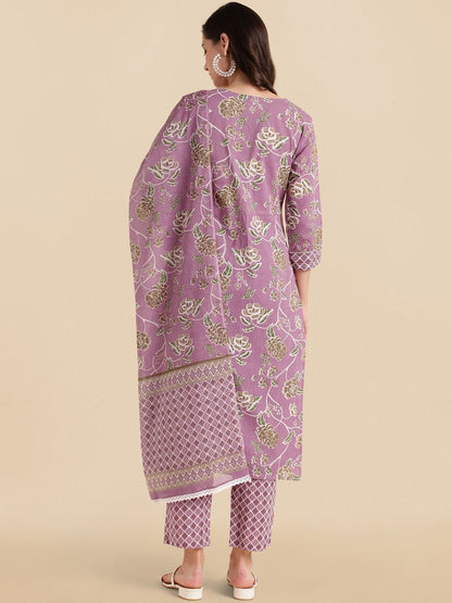 Dhiyona KL Purple Floral Printed Thread Work Pure Cotton Kurta with Trousers & Dupatta