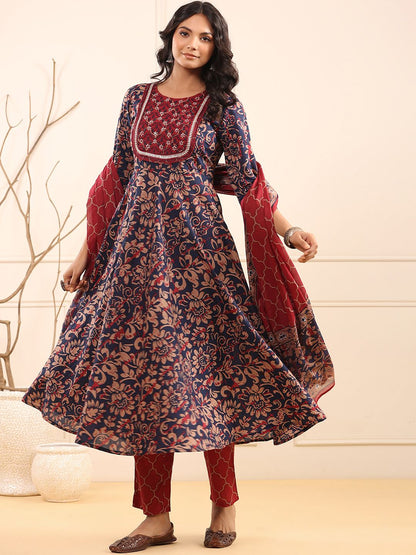Dhiyona RR Women's Floral Embroidered Pure Cotton Kurta with Trousers & Dupatta