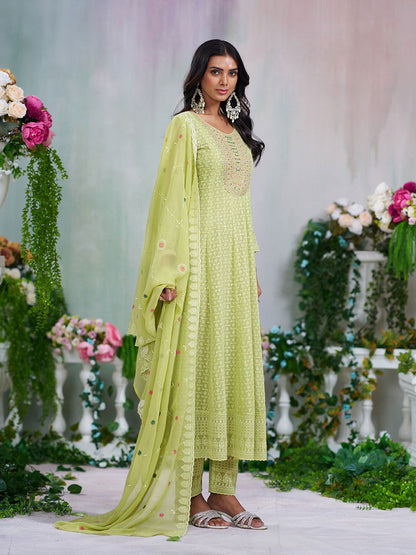 Dhiyona CH Ethnic Motifs Embroidered Thread Work Anarkali Kurta With Trousers And Dupatta