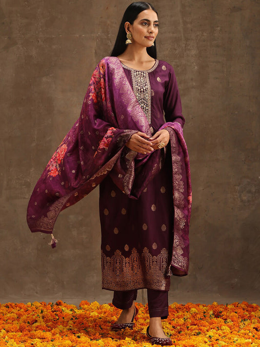 Vilot Floral Pure Silk Kurta With Trousers & Dupatta