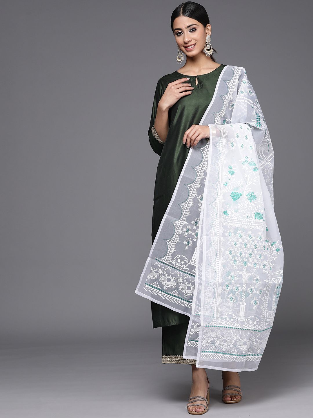 Dhiyona IE Women Green Sequinned Liva Kurta with Palazzos & With Dupatta