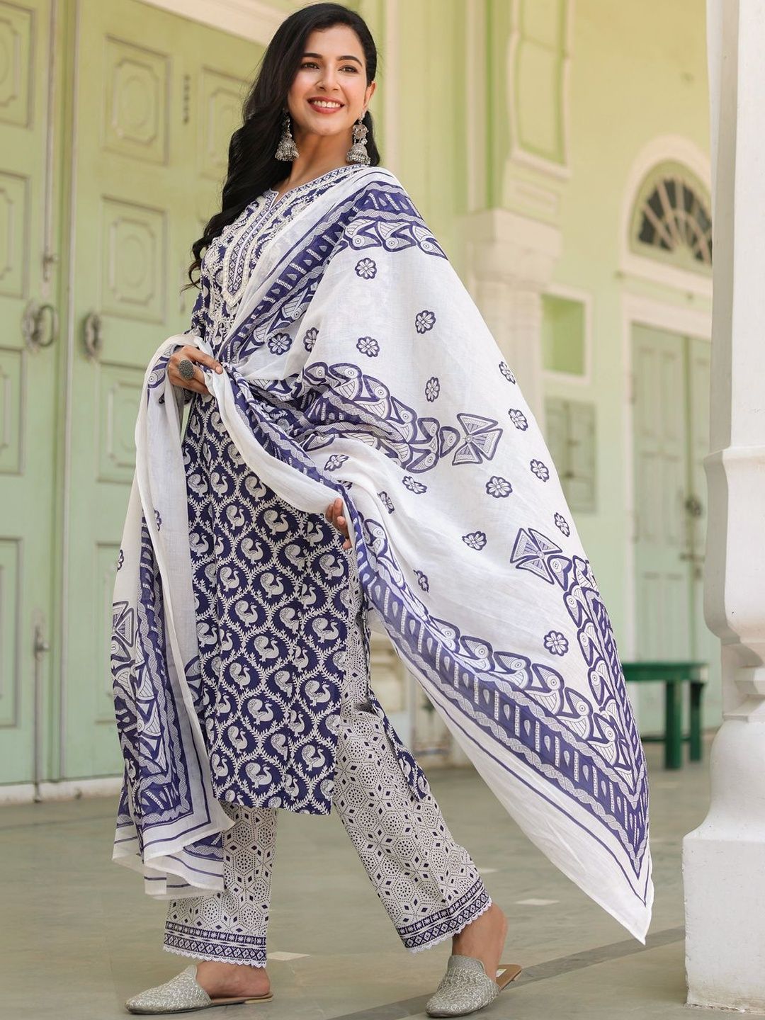 Dhiyona RR Women's Printed Pure Cotton Kurta with Trousers & With Dupatta