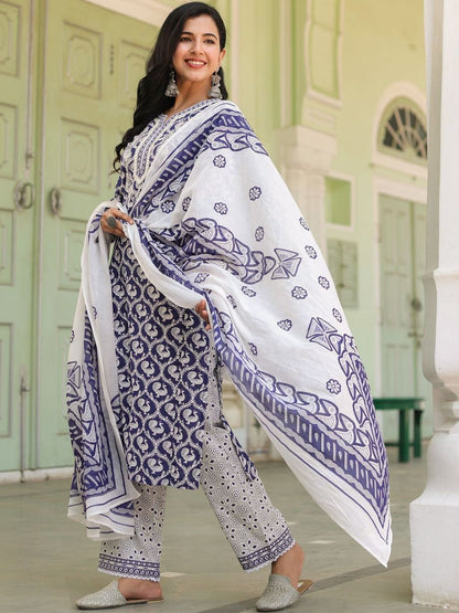 Dhiyona RR Women's Printed Pure Cotton Kurta with Trousers & With Dupatta