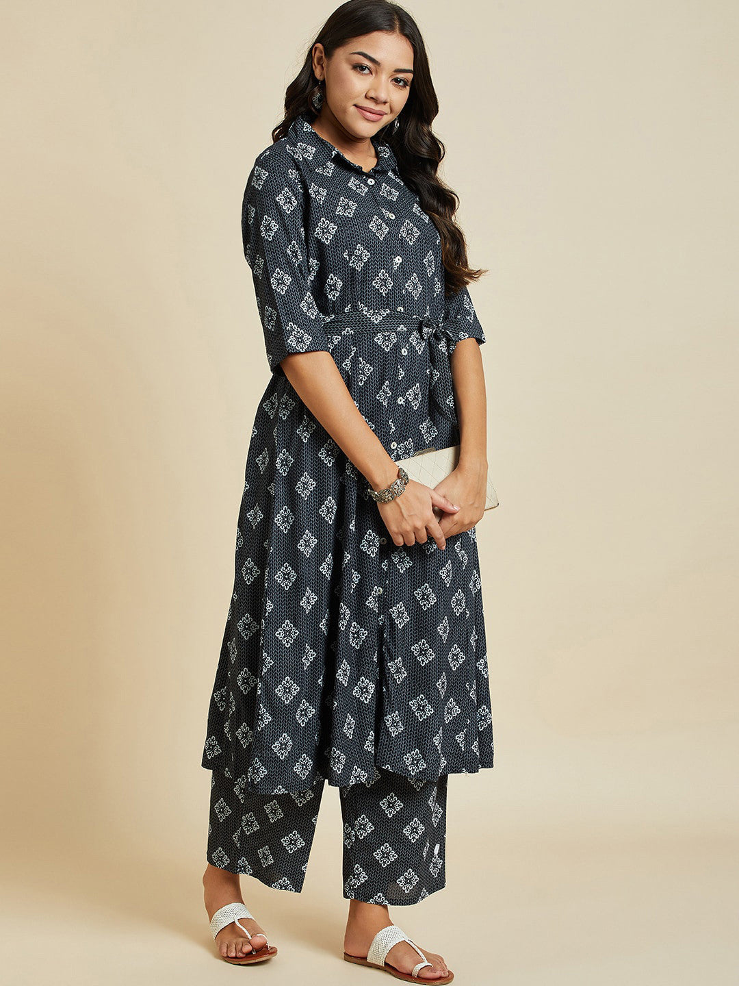 Grey Floral Printed A-Line Kurta With Palazzos