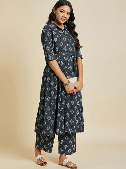 Grey Floral Printed A-Line Kurta With Palazzos