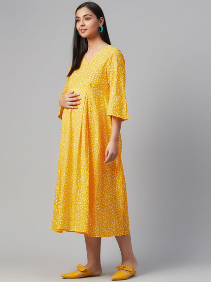Dhiyona AY Women's Yellow & White Polka Dots Printed A-Line Maternity Dress