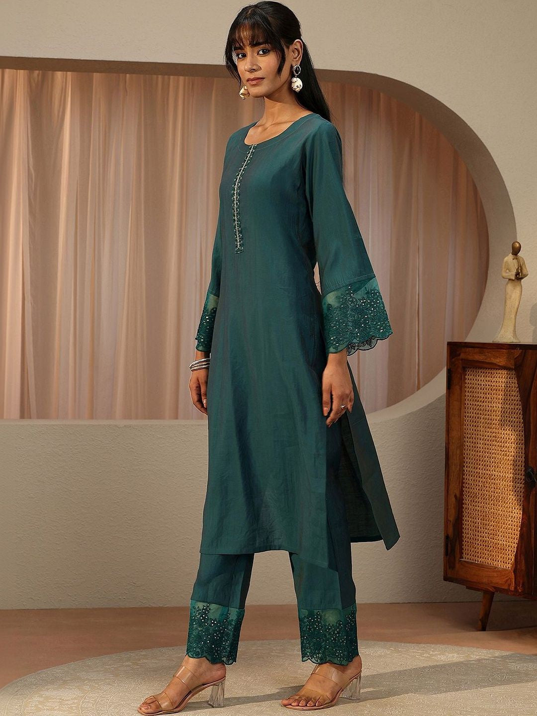 Teal Blue Silk Blend Straight Kurta Set