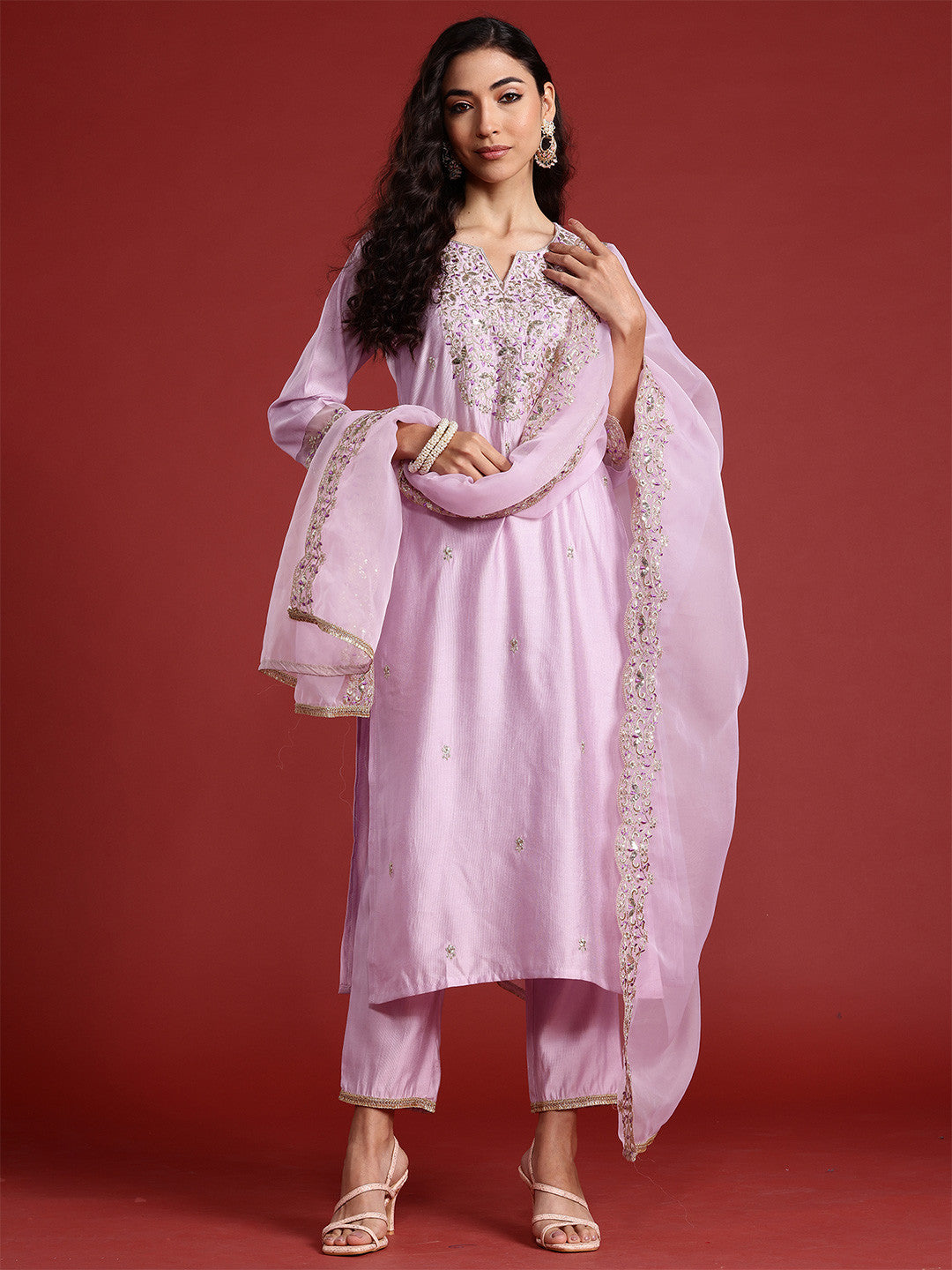 Ethnic Motifs Embroidered Regular Straight Kurta & Trousers With Dupatta