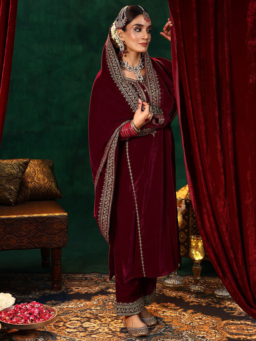 Floral Embroidered Velvet Straight Kurta With Trousers & Dupatta