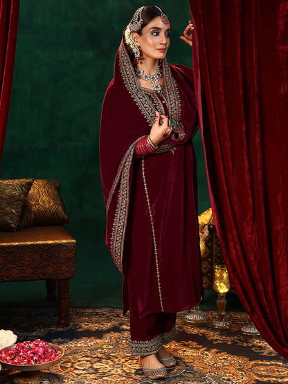 Floral Embroidered Velvet Straight Kurta With Trousers & Dupatta