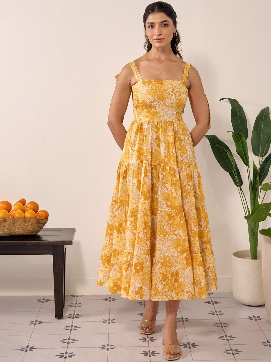 Dhiyona AY Women's Floral Printed Sleeveless Cotton Fit & Flared Ethnic Dress
