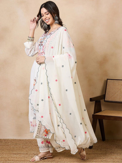 Dhiyona KL Floral Embroidered Georgette Kurta with Palazzos & With Dupatta
