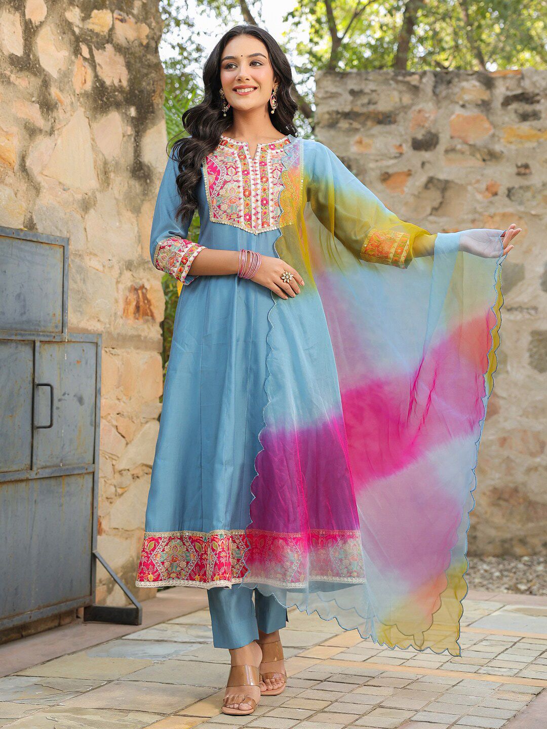 Dhiyona RR Women's Floral Embroidered Anarkali Kurta &Trousers With Dupatta