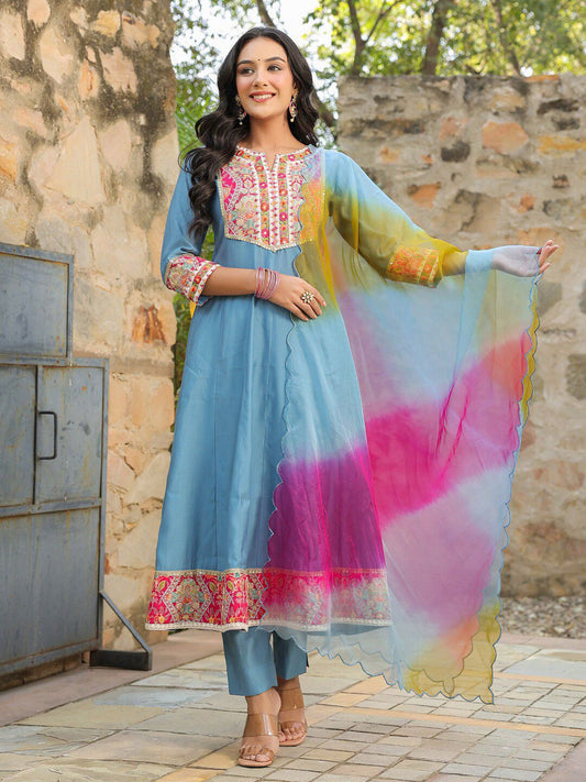 Dhiyona RR Women's Floral Embroidered Anarkali Kurta &Trousers With Dupatta