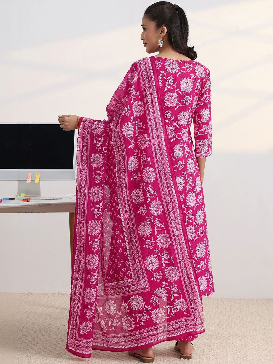 Libas Fuchsia Pink Floral Print A-Line Suit Set with Dupatta