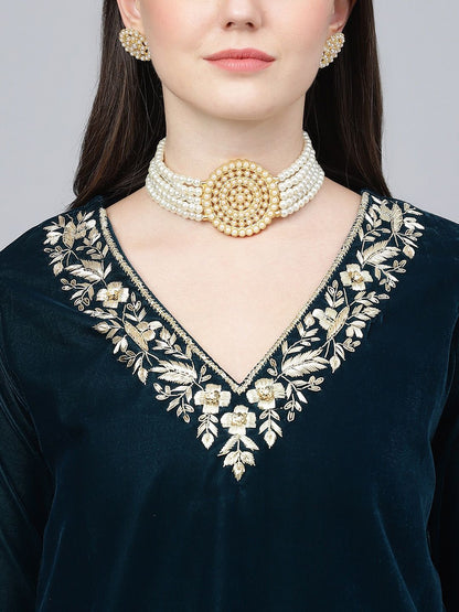 Dhiyona KL Floral Yoke Design Regular Gotta Patti Velvet Kurta With Trousers & Dupatta