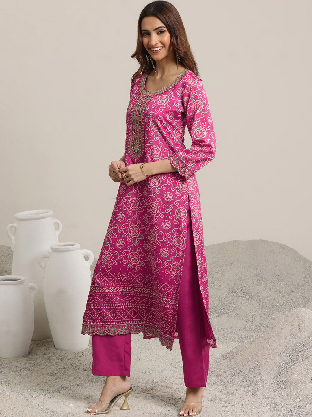 Women Bandhani Printed Regular Sequinned Kurta with Trousers & With Dupatta