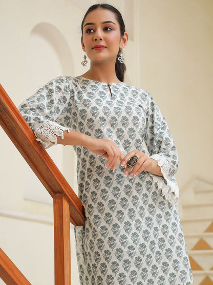 Dhiyona RR Women's Floral Printed Keyhole Neck Pure Cotton Straight Kurta & Trouser Set
