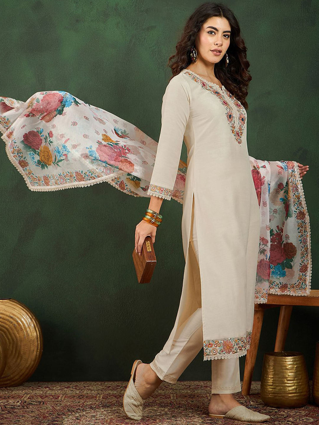 Notch Neck Embroidered Straight Kurta Set