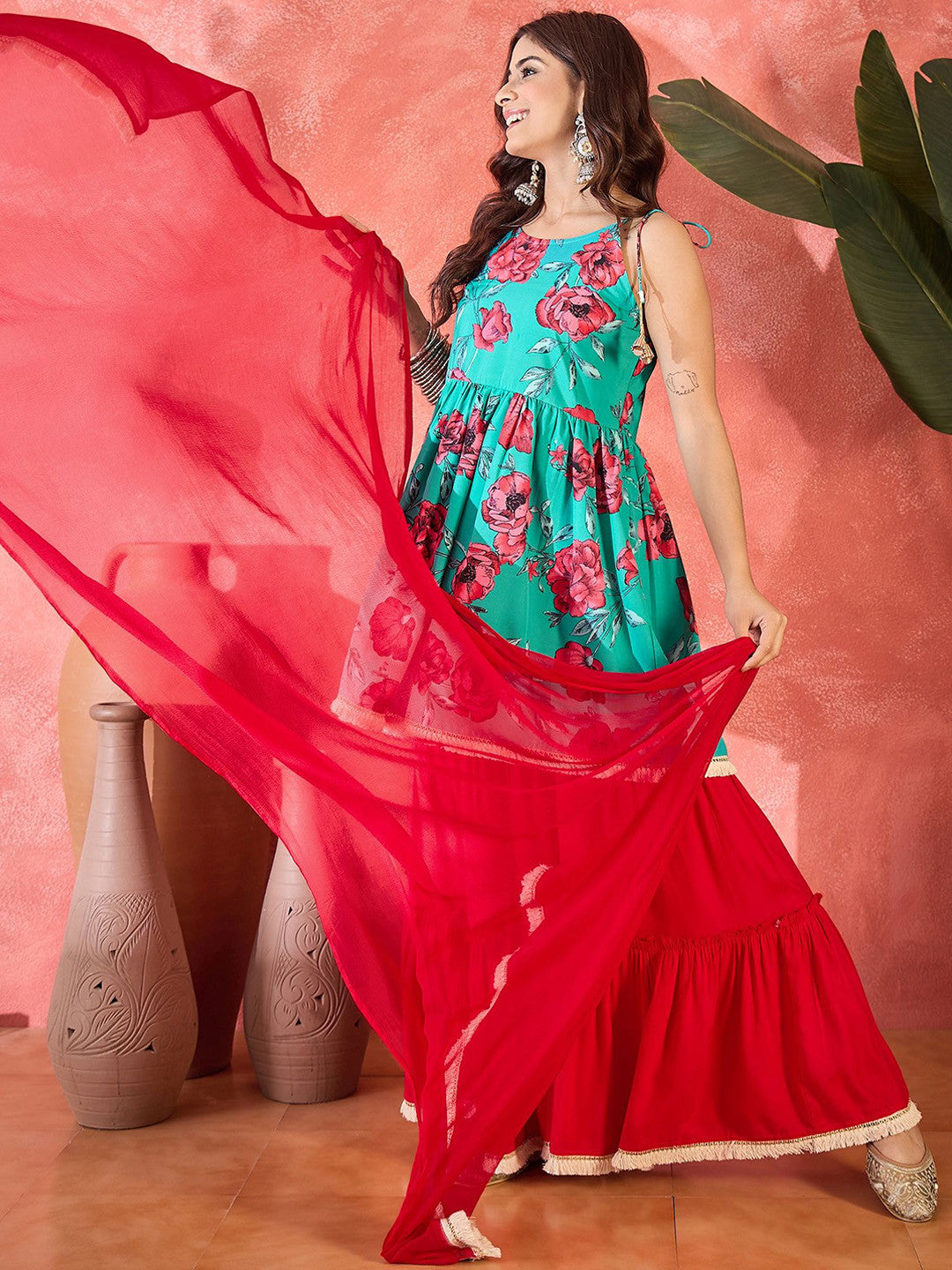 Floral Printed Kurta & Sharara Set With Dupatta