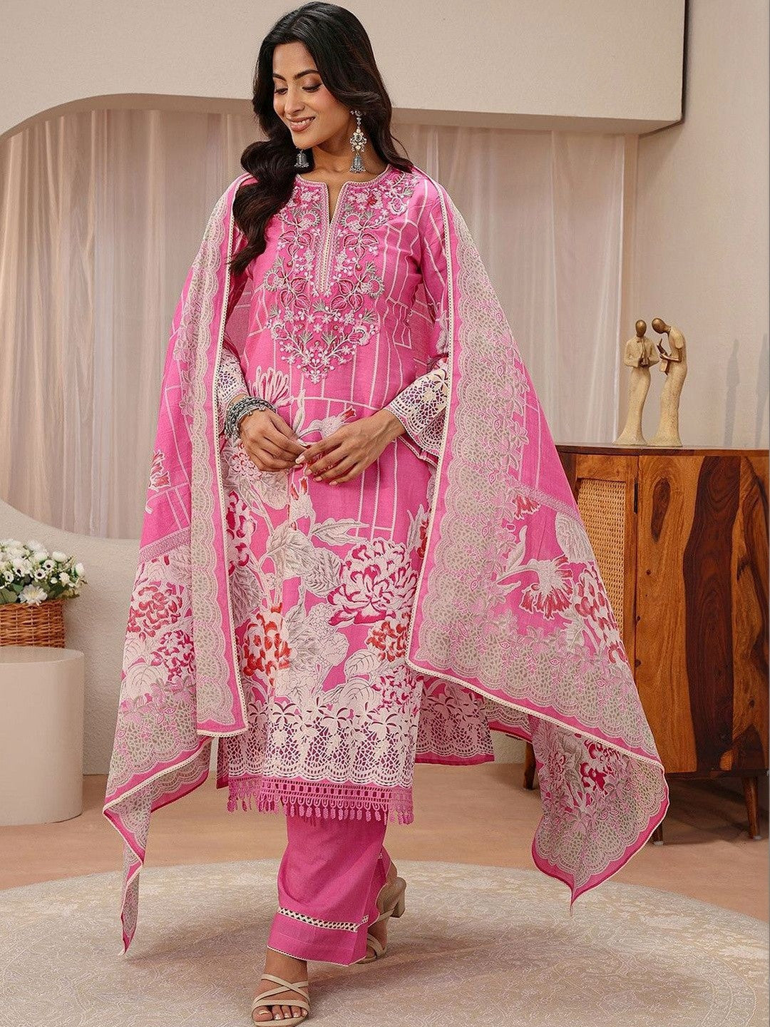 Pink Floral Printed Cotton Straight Suit Set