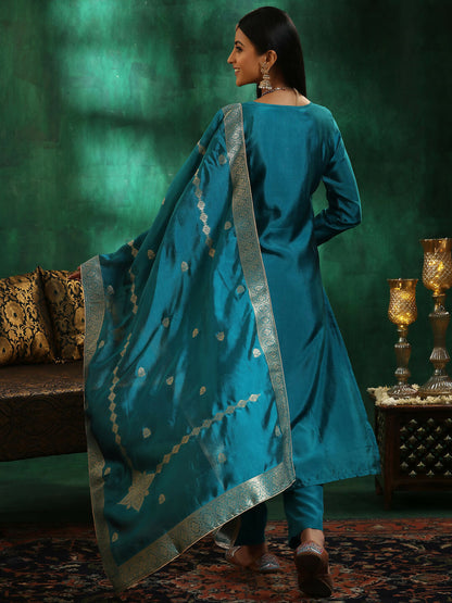 Women's LB Rama Green Woven Design Silk Blend Straight Suit With Dupatta