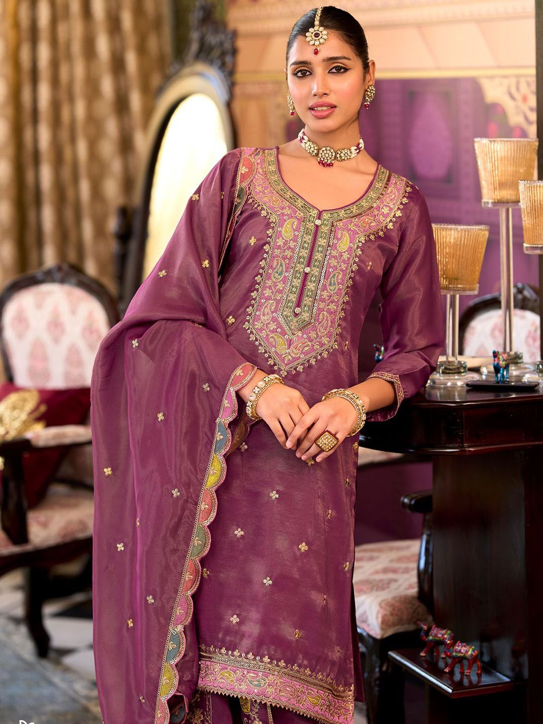 Dhiyona IE Floral Embroidered Sequinned Straight Kurta With Palazzos & Dupatta