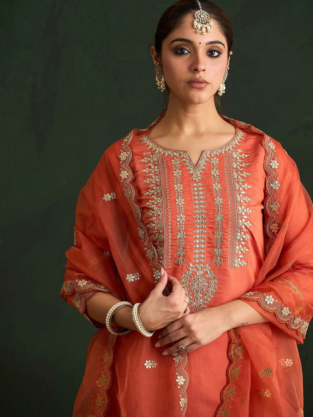 Ethnic Motifs Embroidered Gotta Patti Straight Kurta With Trousers & Dupatta