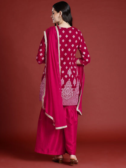 Dhiyona AN Tyohaar Collection Velvet Finish Printed Kurta with Sharara & Dupatta