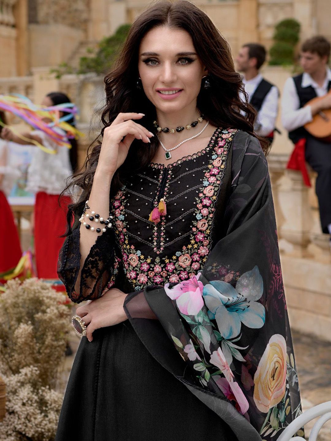 Dhiyona IE Floral Yoke Design Thread Work A-Line Kurta With Trousers & Dupatta