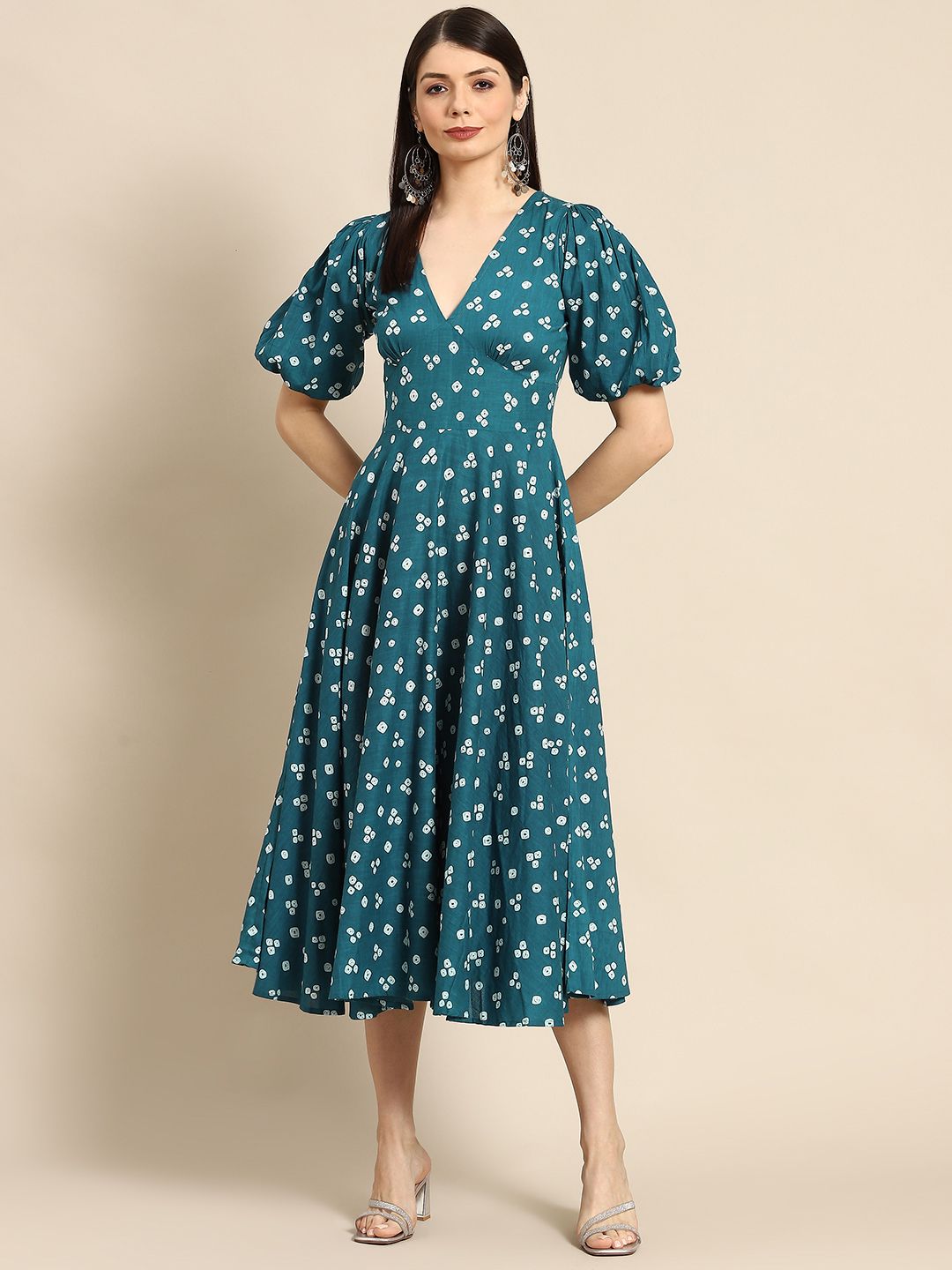 Dhiyona AY Women's Teal Green & White Bandhani Printed Pure Cotton A-Line Midi Dress